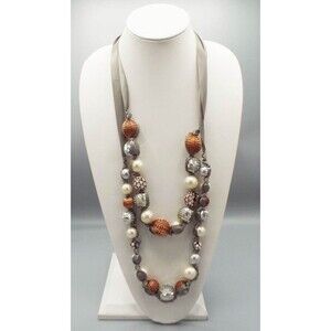 Chico's Disco Party Faux Pearl Embellished Beads Gray Ribbon Chain Long Necklace